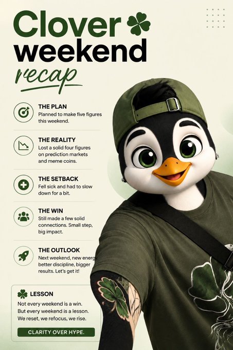 An infographic titled 'Clover weekend recap' featuring a penguin mascot in a green cap, detailing sections like THE PLAN, THE REALITY, THE SETBACK, THE WIN, THE OUTLOOK, and a LESSON concluding with 'CLARITY OVER HYPE.'
