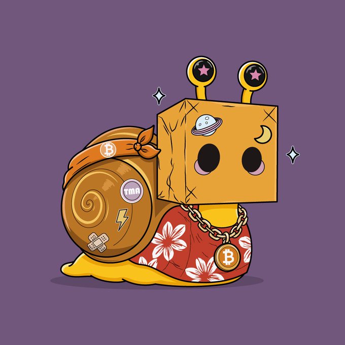 A cartoon snail with a Bitcoin "B" themed bandana, a cardboard box head featuring UFO and moon stickers, and a shell adorned with "TMA" and lightning bolt decals, wearing a Bitcoin pendant necklace. The whimsical artwork relates to the post by showcasing artist TMA's ("Tma_420") legendary 1/1 piece as part of an honorary collection.