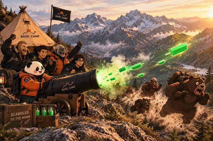 An AI-generated illustration depicting a 'Base Camp' team in a mountainous landscape, where characters fire green glowing candles from a cannon at charging bears, with crates labeled 'SCANDLES TO THE MOON.'
