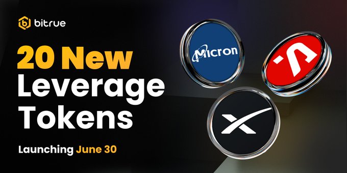 A Bitrue promotional graphic announces "20 New Leverage Tokens" launching June 30, featuring circular icons for Micron (MU) and other tokens like XPX, aligning with the post's announcement of new leverage token listings including $SPCX, $MU, and $SNDK.