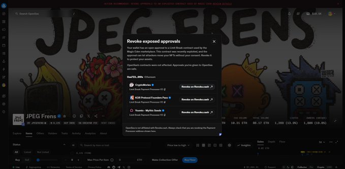 A screenshot of an NFT marketplace showing a 'Revoke exposed approvals' warning dialog box for OpenSea, addressing an exploit involving CryptoMisfts, EQR Protocol, and Yuumz contracts.