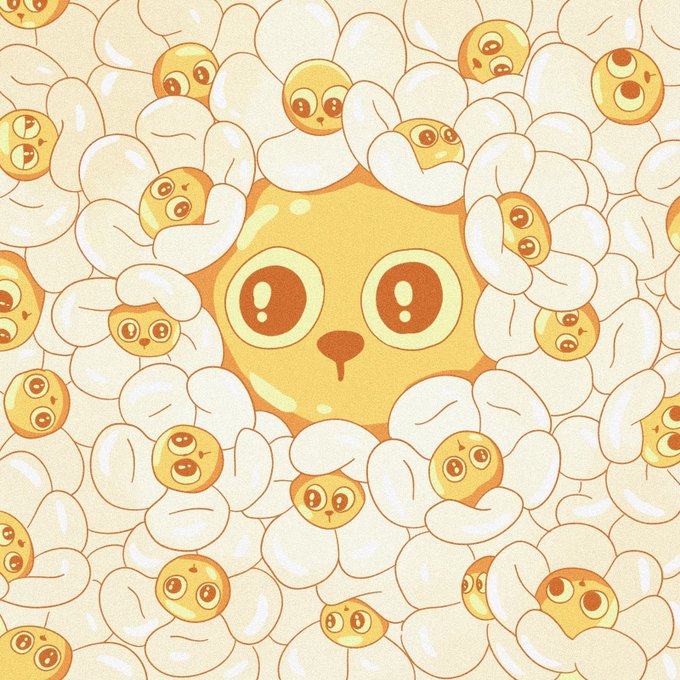 A large cartoon yellow character face peeks out from a dense cluster of white flowers, each bloom holding a smaller yellow face, with no visible text. The illustration visually echoes the tweet's metaphor of a "main runner" surrounded by smaller "betas," depicting the dominant character encircled by numerous lookalikes nestled in petals.
