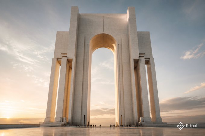 A monumental arch-like architectural structure with tall pillars stands against a sunset sky, with the 'Ritual' logo in the bottom right corner.