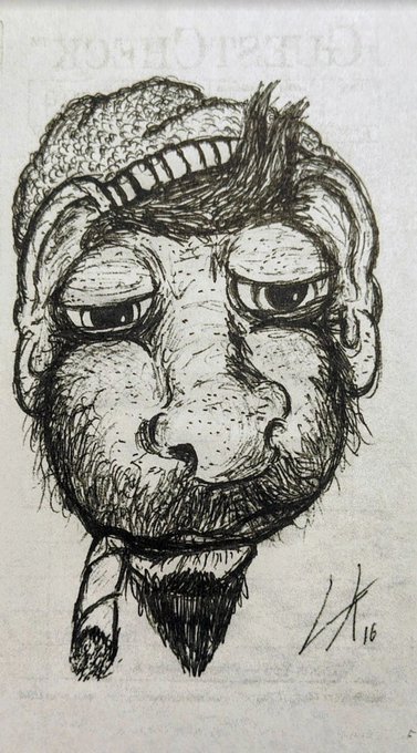 A black ink sketch on a book page shows a detailed portrait of a man wearing a knit cap, with the book title 'Christopher Hitchens' visible in the background.