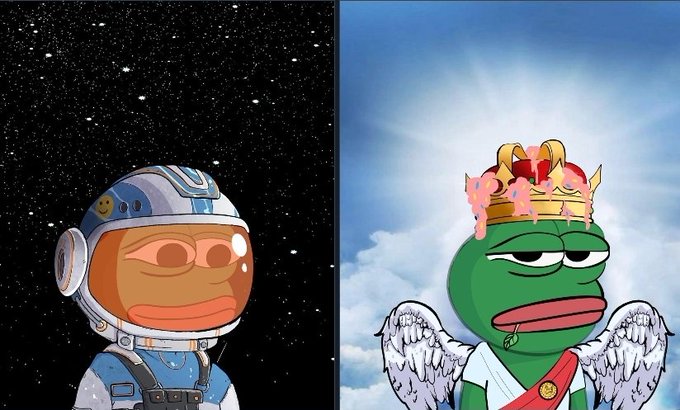 Two side-by-side Bored Ape Yacht Club-style NFT characters: an astronaut ape on the left against a starry background, and a crowned angel ape on the right against a cloudy sky.