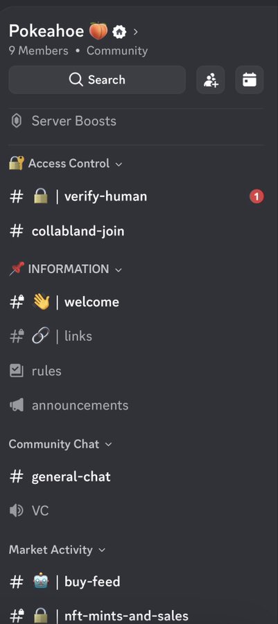 Discord server interface for 'Pokeahoe' community with 9 members, showing channels like #verify-human, #welcome, #general-chat, #buy-feed, and #nft-mints-and-sales.