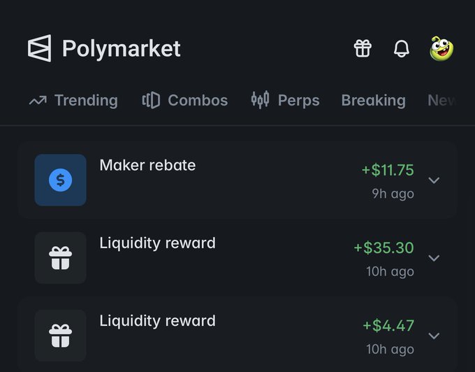 A screenshot of a Polymarket interface showing recent earnings, including a $11.75 maker rebate and two liquidity rewards of $35.30 and $4.47.