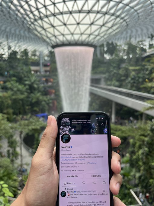 A hand holds up a phone displaying the Fourlis (@fourlisrainn) Twitter profile, showing 571k following and 41.2k followers, set against the iconic indoor waterfall and lush greenery of Singapore's Jewel Changi Airport—perfectly tying into the "Gm we are in singapore" greeting.