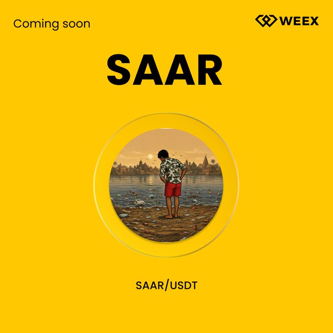 A yellow promotional graphic from WEEX announces the upcoming "PreListing" of the cryptocurrency token $SAAR, featuring a circular illustration of a person in red shorts standing on a polluted beach. The image prominently displays the text "Coming soon," "SAAR," the WEEX logo, and the trading pair "SAAR/USDT."