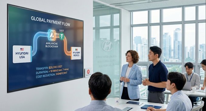 A business meeting in a Hyundai office showcases a presentation titled "GLOBAL PAYMENT FLOW" displaying a transfer of $20,000 USDT via the Avalanche Blockchain between Hyundai USA and Hyundai Mexico, completed in 10 minutes (est. 7 mins) with significant cost reduction, illustrating Hyundai Motor and Hyundai Card's successful proof-of-concept for cross-border blockchain payment transfers.