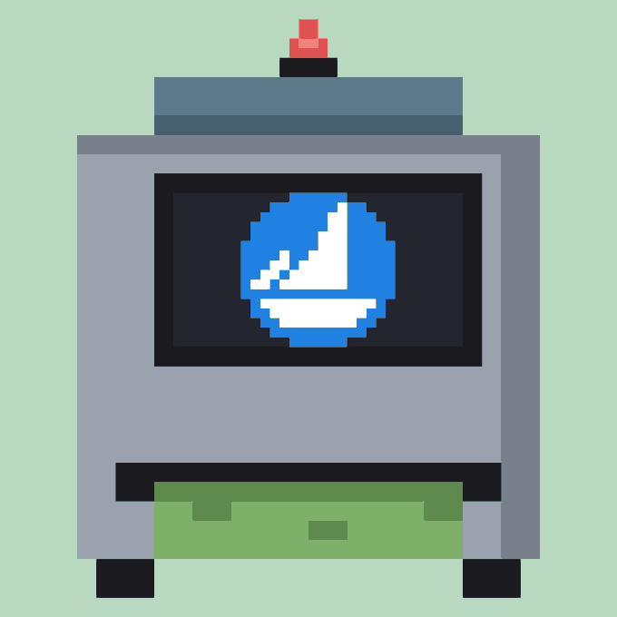 A pixel art illustration of a gray and green machine with a red button on top and a sailboat logo displayed on a dark screen.