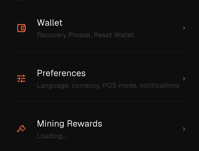 A dark-themed app settings menu with options for 'Wallet' (Recovery Phrase, Reset Wallet), 'Preferences' (Language, currency, POS mode, notifications), and 'Mining Rewards' which is currently loading.