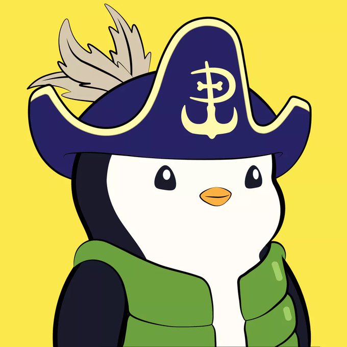 A cartoon penguin mascot wearing a purple pirate hat with gold trim and a green vest against a yellow background.
