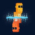 A small pixel-art figure composed of orange and brown blocks appears against a dark blue background with a blue audio waveform displayed behind it.