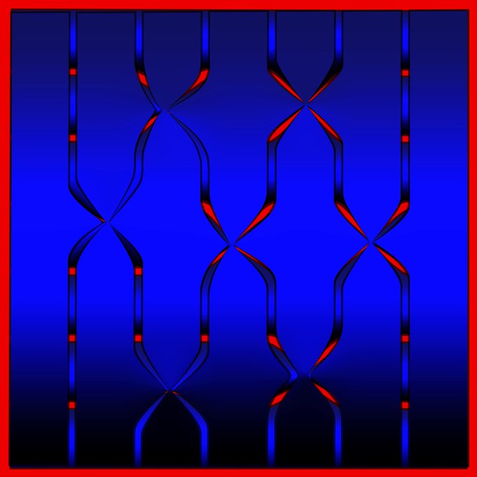 An abstract digital artwork featuring a repeating pattern of curved blue and black shapes with red highlights on a dark blue background, bordered in red.