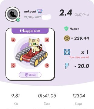 The image shows a fitness tracking app with a cartoon cat as its main character, who appears to be running or jogging. The app displays various statistics such as distance traveled, calories burned, and steps taken. It also has an option for users to input their own data, like the number of steps they have taken in a day.