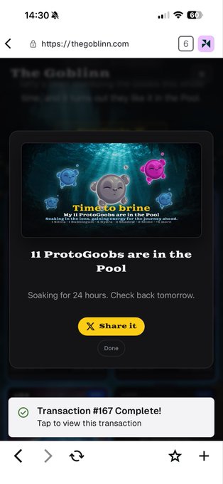 A mobile browser screenshot from thegoblin.com showing a message that '11 ProtoGoobs are in the Pool' and 'Soaking for 24 hours', with a transaction confirmation for #167.