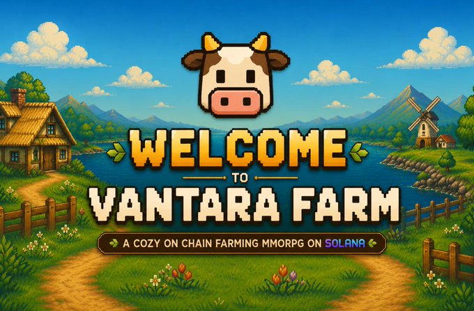 The image features a cartoon cow wearing a hat that says "Welcome to Vantara Farm". The cow is standing next to a house with a windmill, surrounded by lush green fields and mountains. In front of the cow's face, there are text elements that read "Welcome to Vantara Farm" and "A cozy on chain farming MMORPG on Solana". These elements create an inviting atmosphere for players who want to experience the farm life in the game.