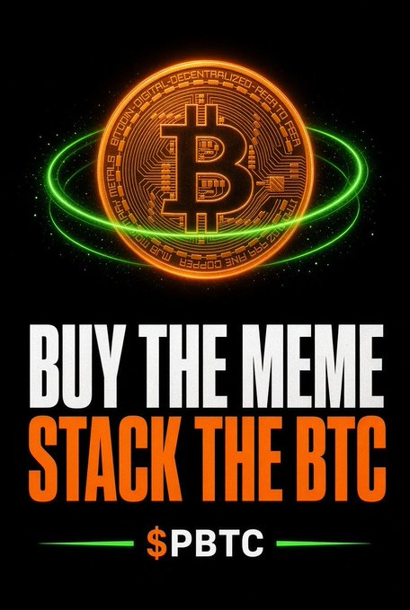 A glowing orange Bitcoin coin surrounded by green energy rings against a black background, featuring the text "BUY THE MEME STACK THE BTC" and the ticker "$PBTC," promoting a Pump.fun memecoin that reserves Bitcoin and uses buyback mechanisms on Raydium.