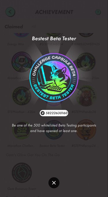 An achievement screen titled "Bestest Beta Tester" features a holographic circular badge with a cyber-punk cat using a laptop, awarded to user "58222630160" for being one of the 500 whitelisted Beta Testing participants.