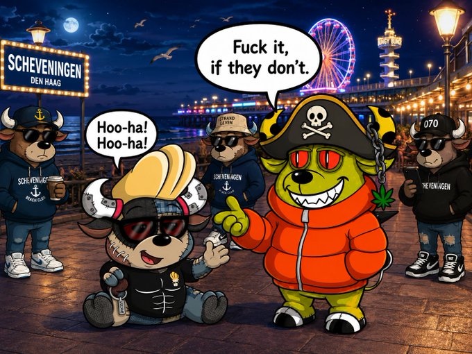 Cartoon illustration set in Scheveningen, Den Haag, featuring anthropomorphic characters including a pirate dog, a green creature in an orange puffer jacket saying 'Fuck it, if they don't.', and other characters laughing 'Hoo-ha! Hoo-ha!' against a seaside backdrop with a Ferris wheel.