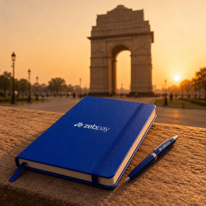 A blue notebook branded "zebpay" rests on a stone surface alongside a matching pen, with the India Gate monument silhouetted against a sunset in the background.