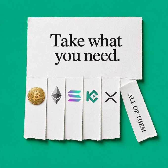 A torn paper slip reading "Take what you need." with a strip below labeled "ALL OF THEM," featuring cryptocurrency logos for Bitcoin (₿), Ethereum (Ξ), Solana, Kusama (K), and XRP, cleverly tying into the post about a friend who can't pick just one coin—matching the "all of them" option when trading on KuCoin.