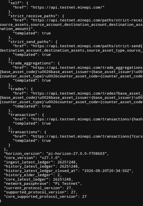 A JSON response from the Stellar Horizon API (api.testnet.minepi.com) showing endpoint templates for paths, transactions, and trades, with network passphrase 'Pi Testnet' and protocol version 27.