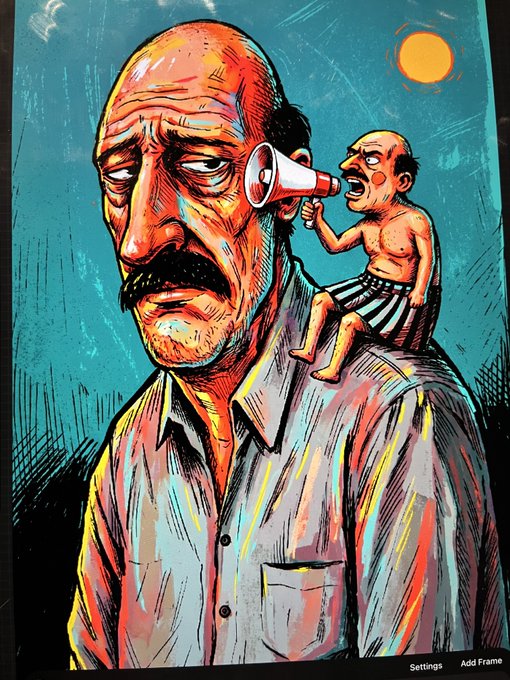 A colorful, stylized digital painting depicting a sad bald man with a mustache while a small angry figure on his shoulder shouts into a megaphone.