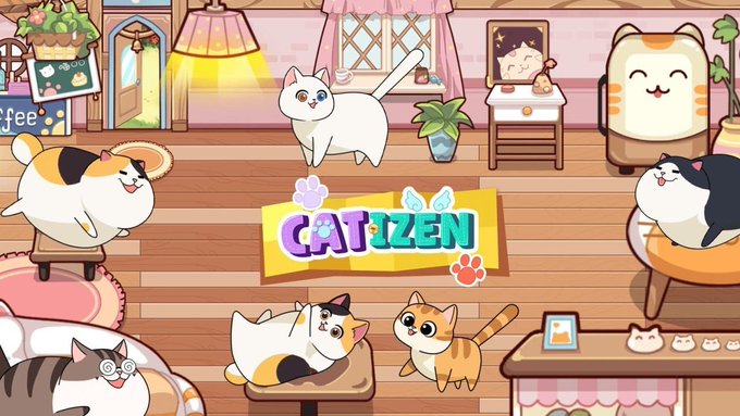 A colorful cartoon logo screen for 'CATIZEN' shows various cats in a cozy room setting.