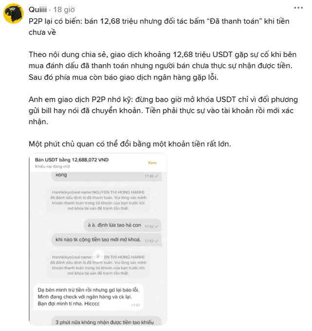 A Vietnamese Facebook post from "Quill" warns of a P2P USDT scam where a buyer of 12.68 million USDT (12,688,072 VND) falsely marked "Đã thanh toán" (Payment Made) without actually transferring funds, including chat screenshots showing the seller's suspicion that the transaction was a scam after the money never arrived.