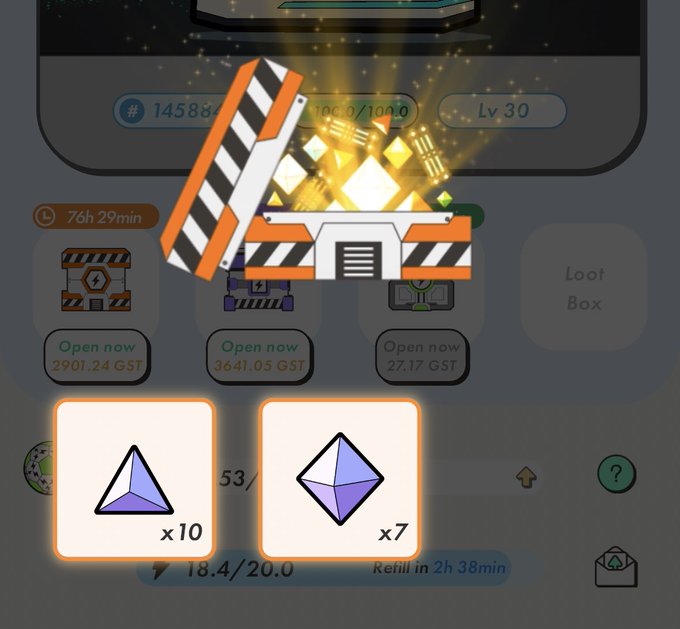 A screenshot from a mobile game showing an open orange and black striped loot box with glowing items, displaying rewards including x10 and x7 Ethereum (ETH) gems, with stats showing Lv 30 and a 76h 29min timer.