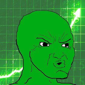 Green-tinted Wojak/Chad-style meme face with an angry, scowling expression overlaid on a green grid background with lightning effects.
