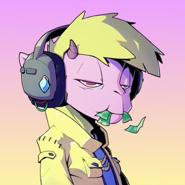 A digital illustration of a purple-skinned anime-style character with horns, headphones, and money hanging from their mouth, set against a gradient pink and yellow background.