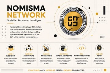 A promotional graphic for the 'NOMISMA NETWORK' described as 'Scalable. Structured. Intelligent,' featuring icons for Art Blockchain, Architecture, Transaction, Database Architecture, and Programming Language, with the tagline 'STRUCTURING DATA, MODULAR DESIGN, ENDLESS POSSIBILITIES.'