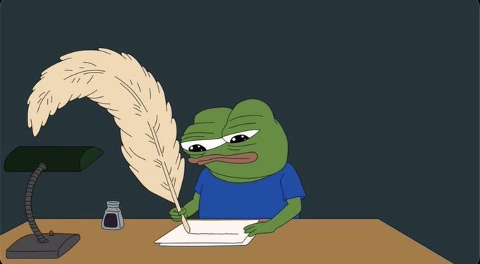 An illustration of Pepe the Frog wearing a blue shirt, sitting at a desk and writing with a large feather quill pen under a green lamp.