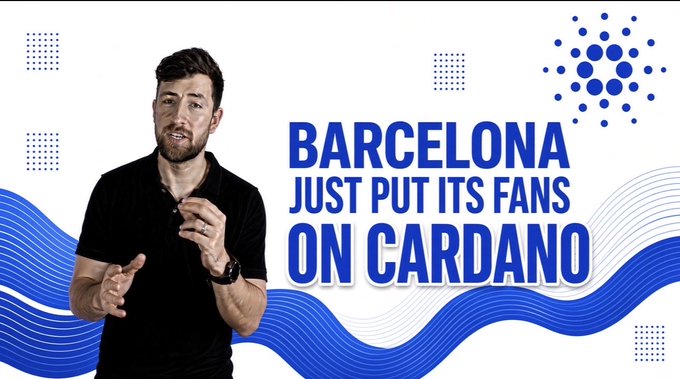 A thumbnail showing a man in a black shirt with text reading 'BARCELONA JUST PUT ITS FANS ON CARDANO' alongside the Cardano logo.