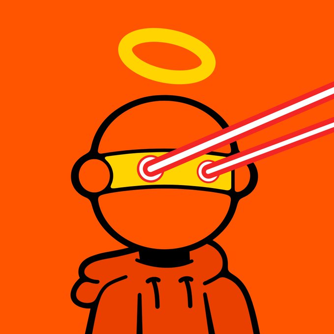 A cartoon figure with a halo overhead and yellow "laser eyes" shooting red and white beams, set against a bright orange background, visually reinforcing the "LASER EYES ON" Bitcoin bullish sentiment of the post.