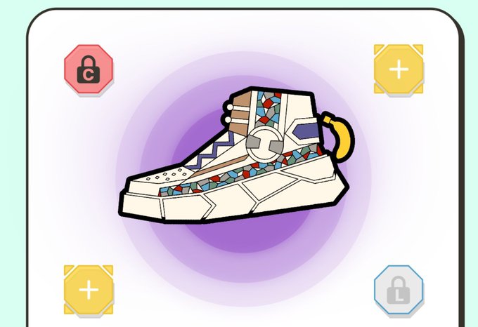 A stylized illustration of a high-top sneaker with colorful mosaic patterns is centered on a purple gradient background, flanked by red lock and yellow plus icons in the corners.