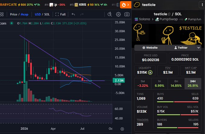 The image shows a trading chart and stats panel for the Solana-based memecoin "testicle" ($TESTICLE) on Pump.fun/PumpSwap, displaying a market cap of $2.1M, 24H gain of 26.91%, and a descending price trend, while the top ticker bar highlights BABYCATE at 500 217% as the referenced coin. This relates to the post by suggesting that traders who profited from $CATE (BABYCATE) should consider rotating into $TESTICLE for its next potential pump, given its similar low-cap memecoin profile and recent bullish momentum.