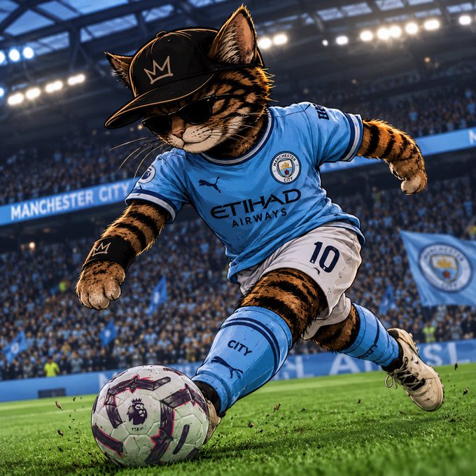 An anthropomorphic tabby cat wearing a Manchester City jersey (Etihad Airways sponsor), black cap, and sunglasses kicks a soccer ball in a packed stadium with 'Manchester City' banners.