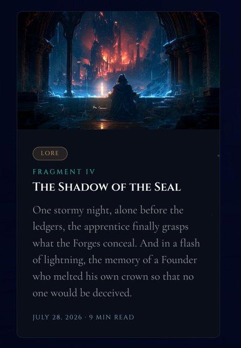 Lore article titled 'Fragment IV: The Shadow of the Seal' featuring dark fantasy artwork of a figure before a glowing forge, dated July 28, 2026.