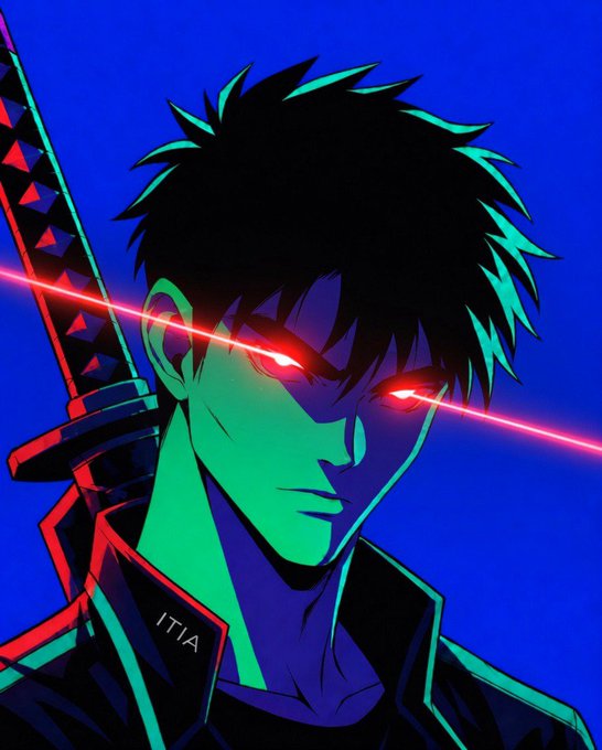 An anime-style illustration of a young man with spiky black hair, glowing red eyes, and a katana over his shoulder, with a red laser beam crossing his face and "ITIA" written on his jacket collar.