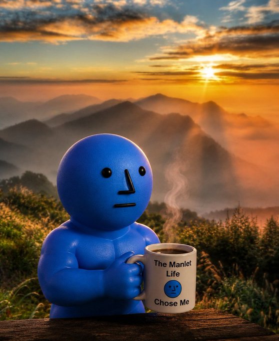 A blue cartoon manlet figure sits on a wooden surface holding a steaming mug labeled "The Manlet Life - Chose Me" against a scenic mountain sunset, visually promoting the $MANLET token airdrop to $ANSEM holders as mentioned in the post.