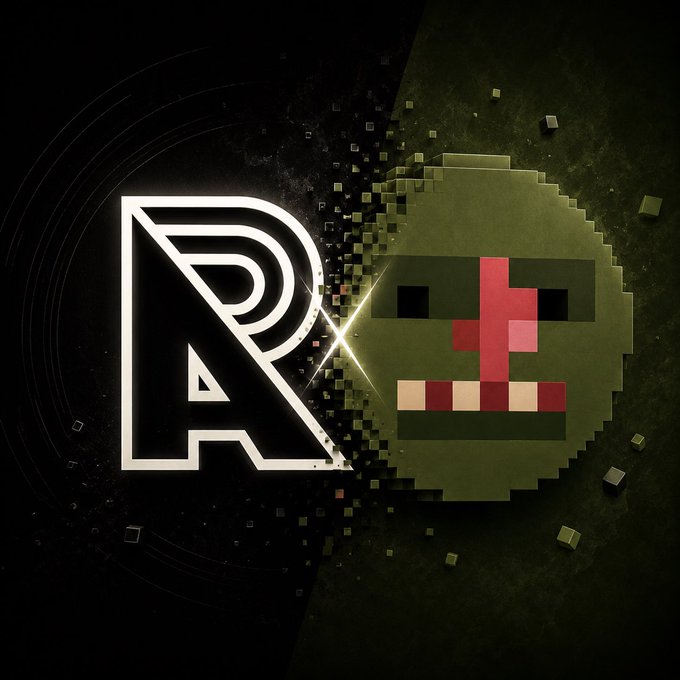 A split graphic with a stylized white 'R' logo on the left against a black background and a pixelated, blocky zombie face (with green skin and red accents) disintegrating into cubes on the right.