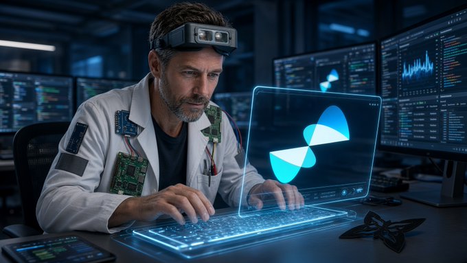 A man in a lab coat with a futuristic headset works on a glowing holographic laptop displaying a blue pill-shaped logo, with multiple data screens in the background.