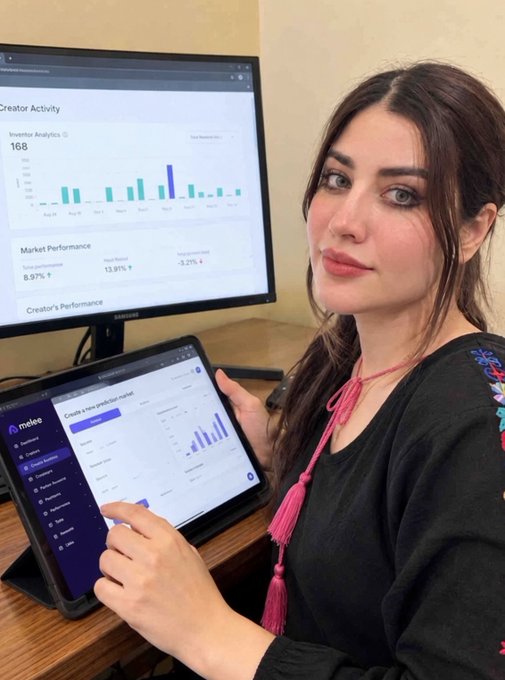 A woman with long dark hair posing next to a computer monitor displaying 'Creator Activity' analytics with 168 inventor mentions and 8.97% market performance, while holding a tablet showing the Make platform.