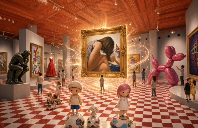 A whimsical art gallery scene features small figurines exploring exhibits that include The Thinker statue, Picasso's paintings, a red dress, and a glowing central portrait, with a pink balloon dog and checkered floors completing the surreal setting.