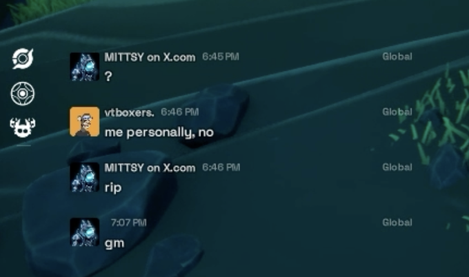 A Discord chat screenshot showing messages: 'MITTSY: ?', 'vtboxers: me personally, no', 'MITTSY: rip', and 'gm'.
