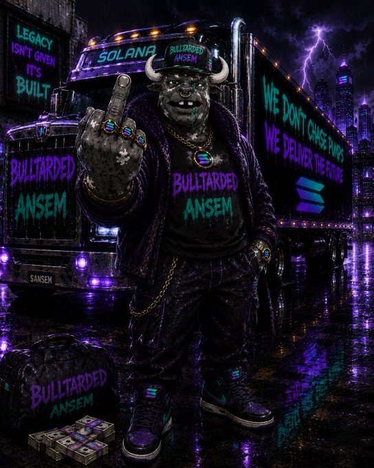 Digital artwork of a bull-headed figure in a purple fur coat with 'BULLTARDED ANSEM' and 'SOLANA' branding, featuring text 'LEGACY ISN'T GIVEN IT'S BUILT' and 'WE DON'T CHANGE. WE DELIVER THE FUTURE.'